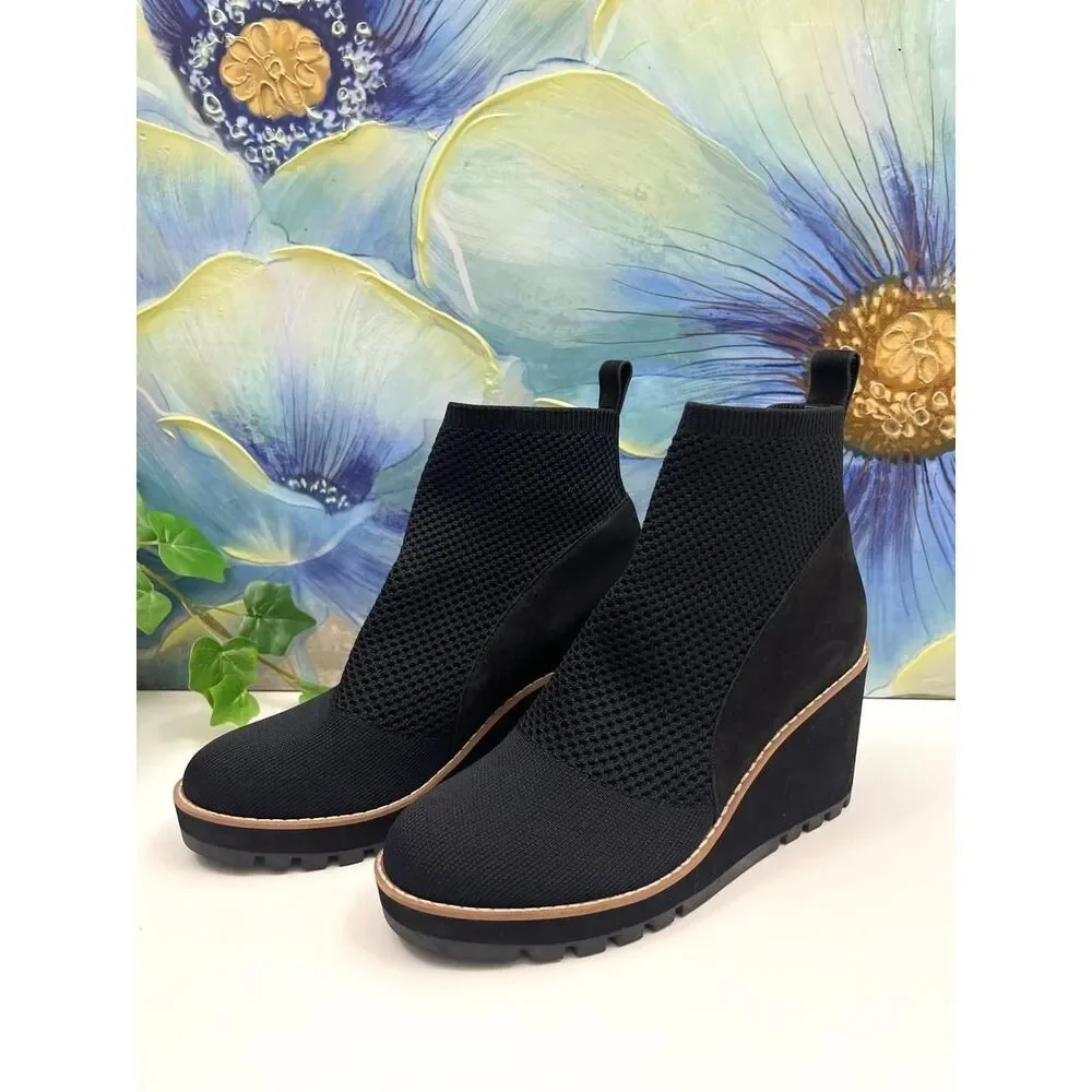 Eileen Fisher Quill Stretch Knit Wedge Booties in Black Size 7.5